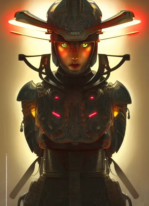 Image similar to Symmetry!! portrait of a Japanese warrior, sci-fi armour, tech wear, glowing lights!! sci-fi, intricate, elegant, highly detailed, digital painting, artstation, concept art, smooth, sharp focus, illustration, art by artgerm and greg rutkowski and alphonse mucha