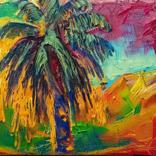 Image similar to oil paint impasto relief, painting of a palm tree in italy, multi layered thick brush marks, some splattered paint, in the style of monet and frank auerbach