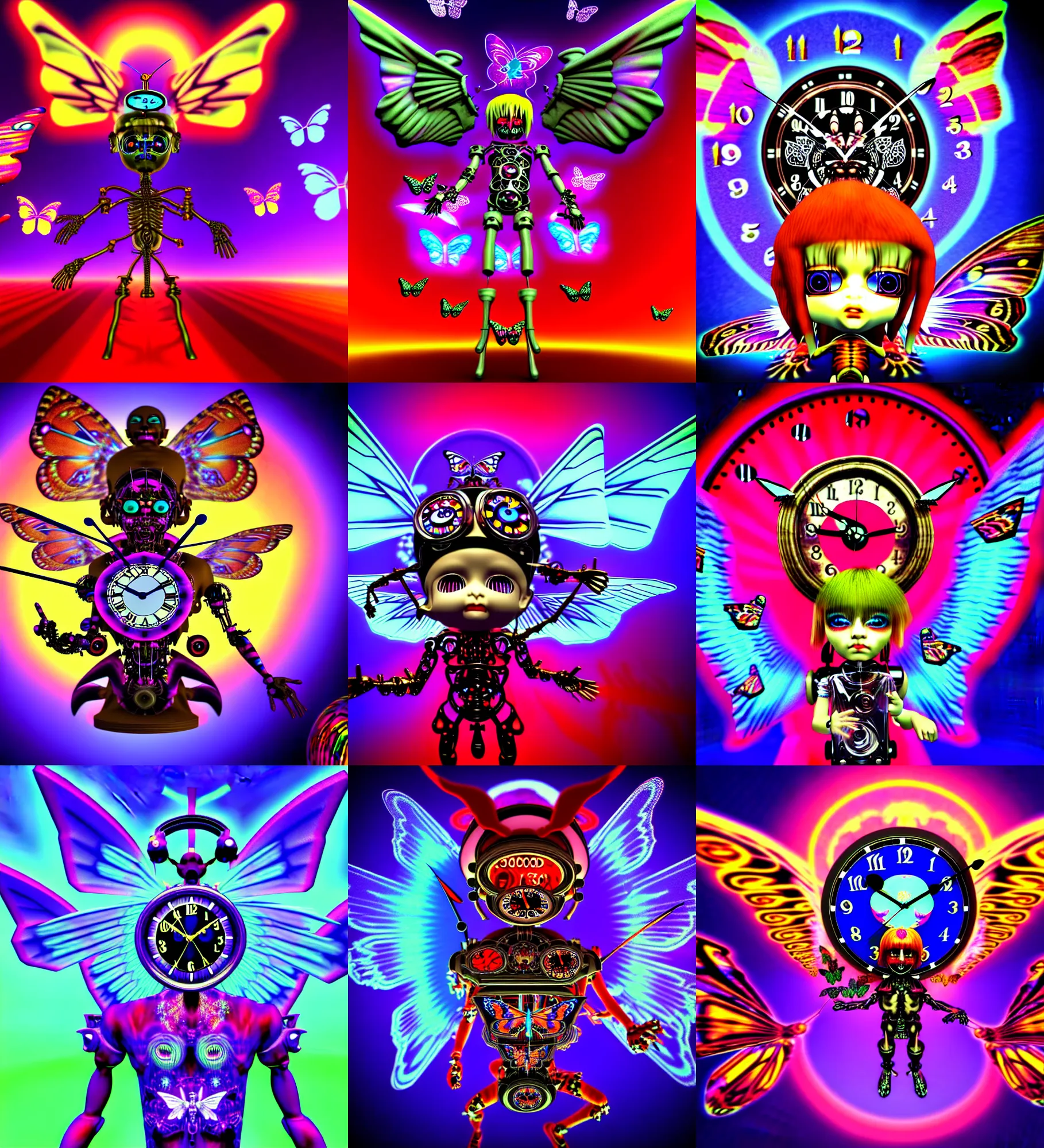 Prompt: early 3 d cgi render of chibi clock cyborg demon with angel wings against a psychedelic surreal background with 3 d butterflies and 3 d flowers n the style of 1 9 9 0's cg graphics lsd dream emulator psx graphics 3 d rendered, 3 do magazine, portrait