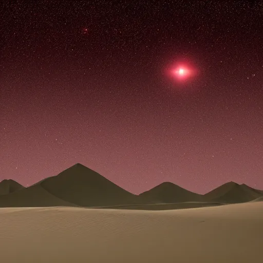 Image similar to twin stars above alien desert landscape, moody