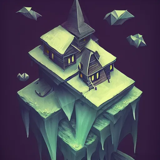 Image similar to floating spooky house in the sky, low poly, isometric art, 3d art, waterfall, high detail, artstation, concept art, behance, ray tracing, smooth, sharp focus, ethereal lighting