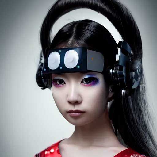 Image similar to photorealistic portrait of cute cyber punk geisha girl from Japan. she is wearing heavy complicated future headsets. award winning, taken by canon 5d mk4, art lens, perfect lighting, sci-fi, at 2200