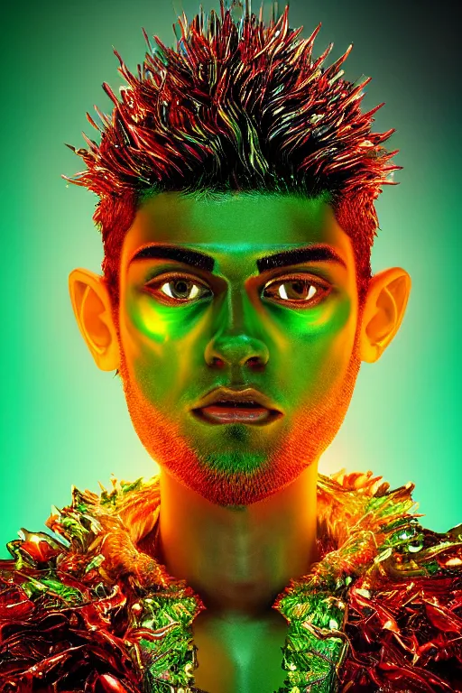 Image similar to hyper detailed ultra sharp portrait of baroque and bladerunner delicate neon ruby sculpture of seductive albino zayn malik gorilla green radioactive humanoid deity wearing metallic hoody made out of leaves holding the sun prismatic dungeon, glowing rainbow face, crown of white diamonds, cinematic lighting, photorealistic, octane render 8 k depth of field 3 d
