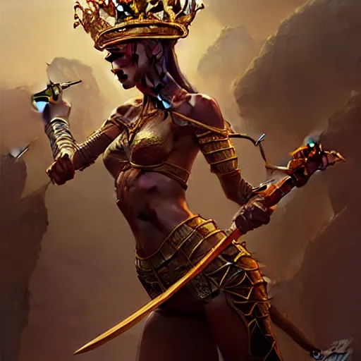 Prompt: lizardprincess with crown and golden sword, bloody eyes, by greg rutkowski and artgerm, very detailed, sharp focus, magic the gathering, 8 k, intricate, dramatic