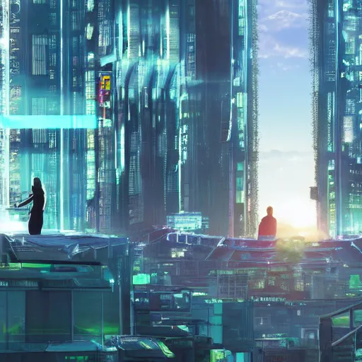 Prompt: a cinematic composition depicting : we're overlooking out of a window how high tech lush solarpunk tribe collaborating with their technologic android helpers are encroaching a cyberpunk resort sauna at sunrise, square lines, ghost in the shell, building architecture by santiago calatrava