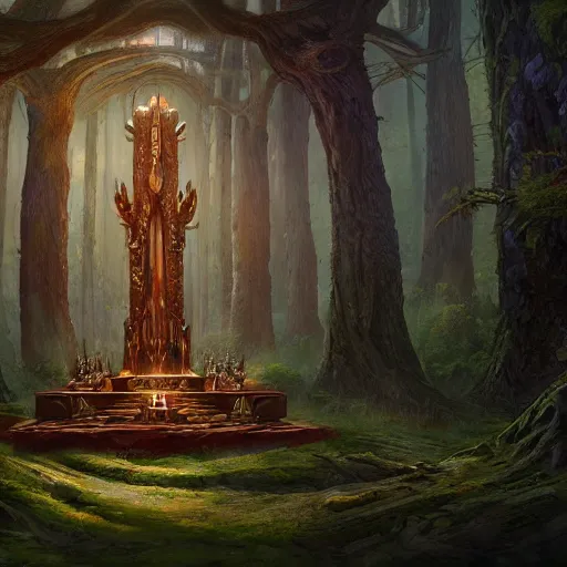 Image similar to a painting of a alien altar in the middle of a forest, a detailed matte painting by slawomir maniak, deviantart contest winner, fantasy art, matte painting, cryengine, concept art