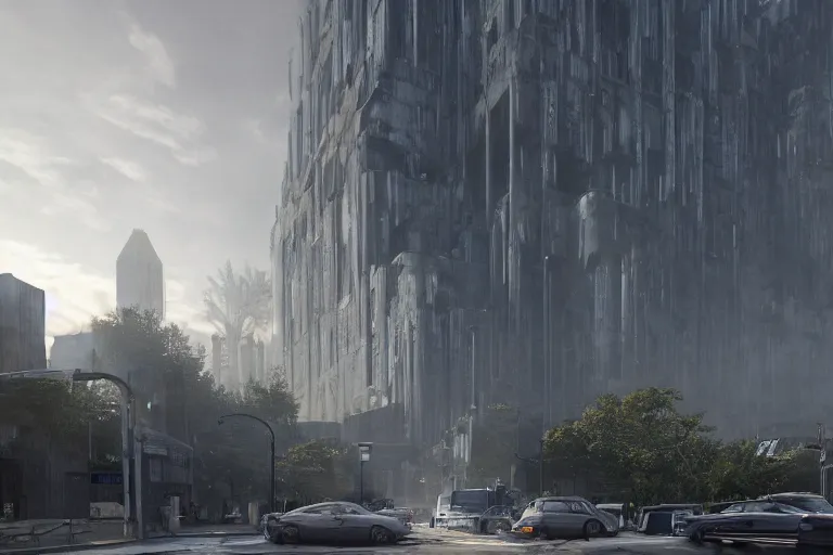 Image similar to streetscape, a towering cathedral of brutalist architecture, buildings covered with greebles, stunning volumetric light, sunset, metal, concrete and translucent material, stunning skies, majestic landscape, trending on Artstation, 8k, photorealistic, hyper detailed, unreal engine 5, IMAX quality, cinematic, epic lighting, in the style of Greg Rutkowski