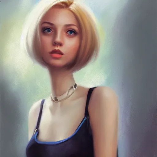 Prompt: portrait of a woman, blonde, short hair, choker, by mandy jurgens