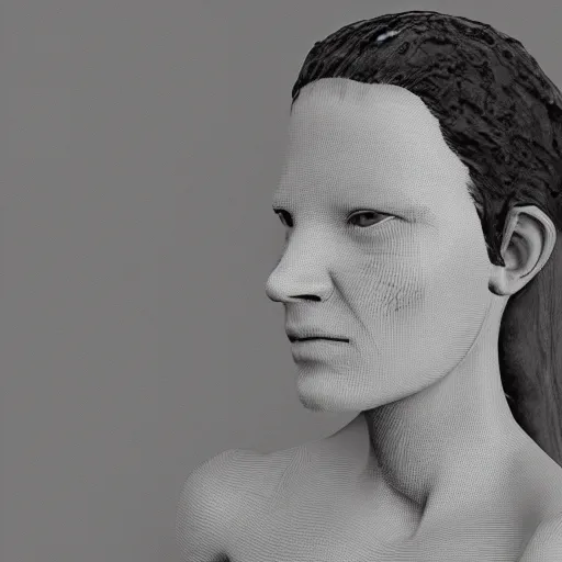 Image similar to a 3 d female figure rendered with photogrammetry techniques, portrait, black and white, 3 d art, elegant, hyperrealistic, 3 d art, rendered in real time