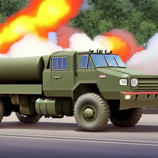 Prompt: HIMARS with rockets, Cars Pixar movie style, detailed, green