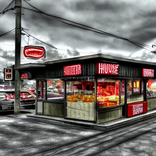 Image similar to Hamburger House in Fast Food Land, Realistic, HDR, Clear Image, HDD, RTX ON,