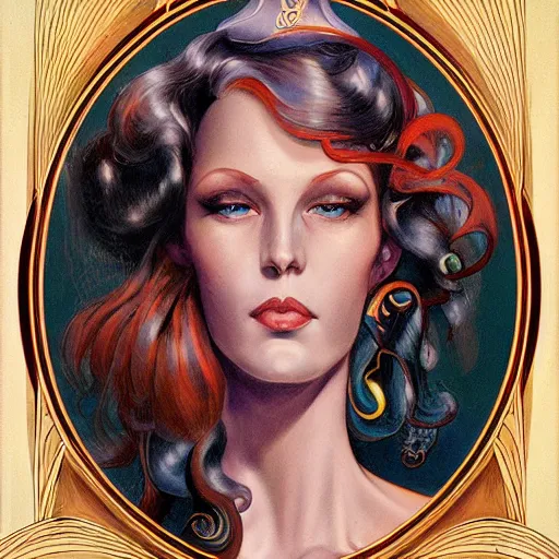 Image similar to an art nouveau, ( streamline moderne ), multi - racial portrait in the style of donato giancola and anna dittmann and charles dulac. very large, clear, expressive, and intelligent eyes. symmetrical, centered, ultrasharp focus, dramatic lighting, photorealistic digital matte painting, intricate ultra detailed background.