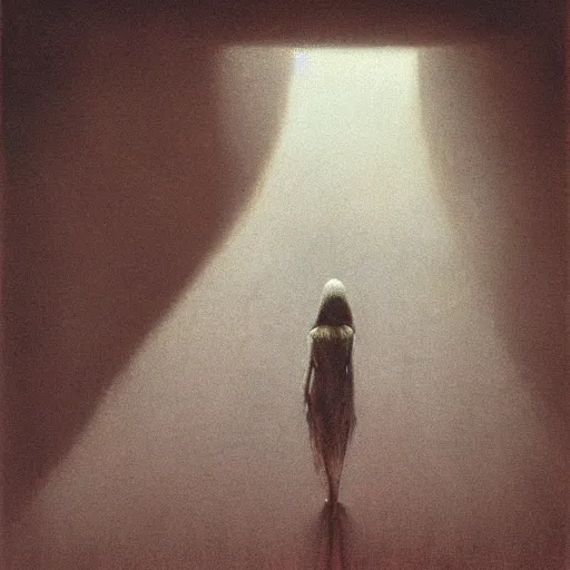 Image similar to lone girl travelling on the road, around her strange landscape by Beksinski