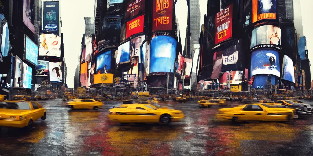 Prompt: a film still of New York city on the street in Times Square with futuristic cabs from Tekkonkinkreet by Ian McQue , dull, muted colour, cold, misty, dark and wet, 50mm lens, video game environment design, 2d game lineart behance hd, dramatic lighting, global illumination, trending on Artstation, bloom