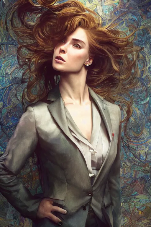 Image similar to portrait painting of woman in business suit dancing, ultra realistic, concept art, full body, intricate details, highly detailed, photorealistic, octane render, 8 k, unreal engine. art by artgerm and greg rutkowski and charlie bowater and magali villeneuve and alphonse mucha