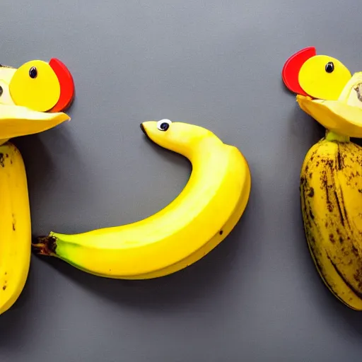 Image similar to professional photograph of banana ducks, peeled bananas with googly eyes and duck beaks