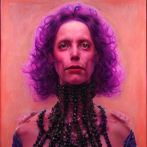 Image similar to portrait of a woman with eyes glowing magenta, and plasma hands magenta, by donato giancola.