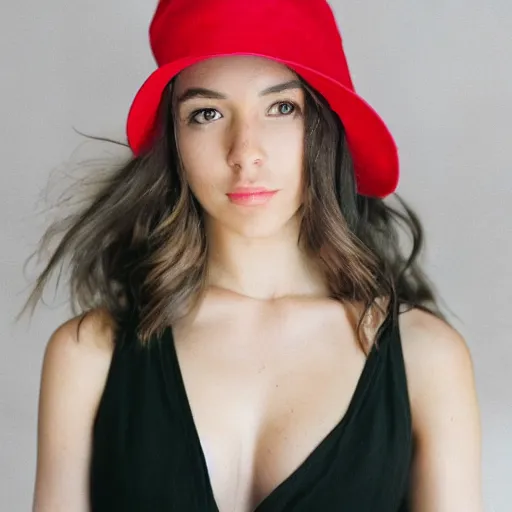 Image similar to beauty photographic portrait of half - length portrait of stunning girl in a red hat and black dress, kodak portra 4 0 0, 8 k, soft light, volumetric lighting, highly detailed,,