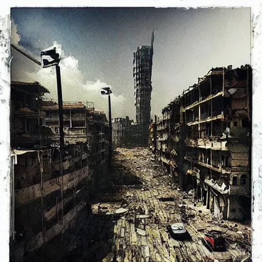 Prompt: “matte painting of a war torn city by Guy Denning”