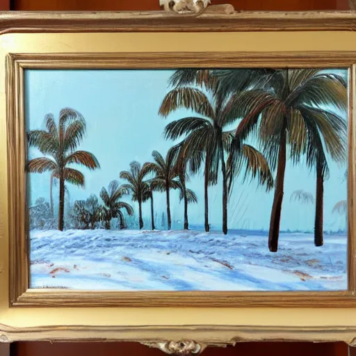 Image similar to winter landscape with large coconut trees, painting oil on board by olaf krans