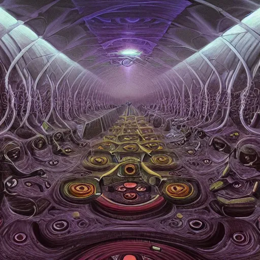Image similar to a quantum computer, a dark cabal of hooded mystics in long robes gathered in a circular formation around a highly advanced quantum computer processing the spirits of the dead, epic scifi art, dan seagrave art, michael whelan