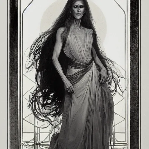 Prompt: beautiful lifelike award winning pencil illustration of celine dion as a scary wraith with her mouth wide open trending on art station artgerm greg rutkowski alphonse mucha museum quality cinematic atmospheric