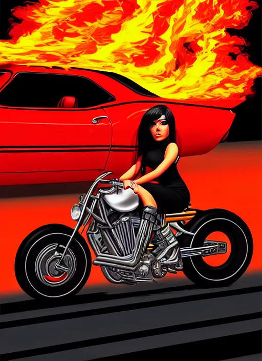 Image similar to a biker chick riding a hotrod muscle car down a street made of fire, digital painting masterpiece, by ilya kuvshinov and rockin jellybean