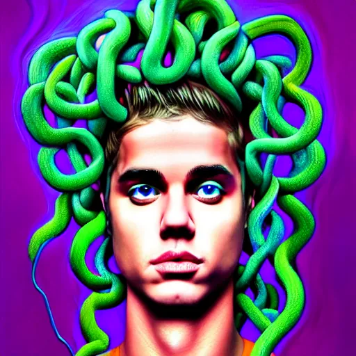 Prompt: an extremely psychedelic portrait of medusa as justin bieber, surreal, lsd, face, detailed, intricate, elegant, lithe, highly detailed, digital painting, artstation, concept art, smooth, sharp focus, illustration