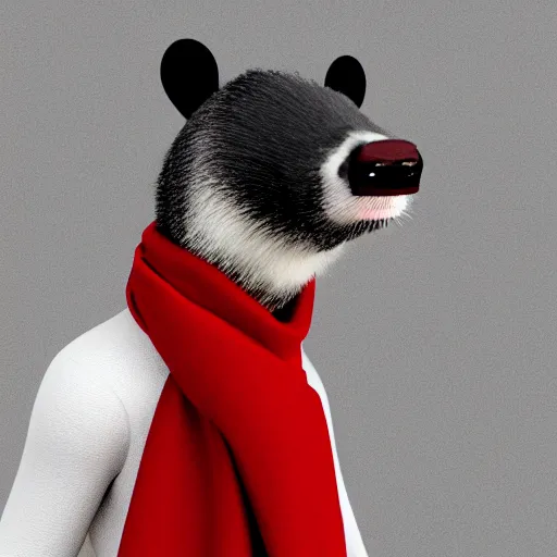 Image similar to a bipedal badger walking on white background towards the camera, he‘s wearing a red scarf, digital render