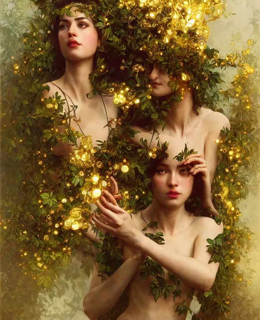 Image similar to hyper realistic photographer looking through a vintage medium format camera, magic pouring from lens, full body pose, design on white background, beautiful details, lush foliage cyberpunk, gold, drawn by john singer sargent, tom bagshaw, norman rockwell, alphonso mucha, lolish, trending on artstation