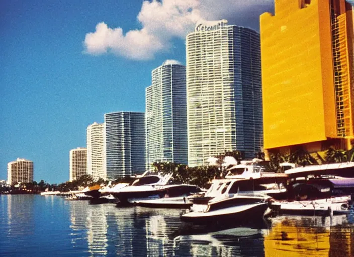 Image similar to retro color photo of a miami city skyline in the 8 0's. reflections in the water. boats in the water