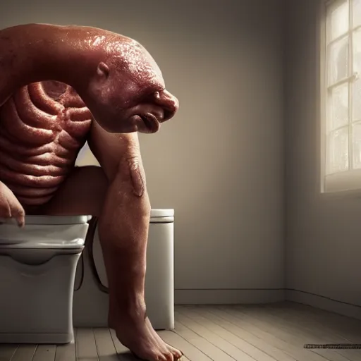 Image similar to ( ( viktor orban ) ) with realistic face sitting on the toilet and eating bacon by greg rutkowski, highly detailed, octane render, 4 k, 8 k, hdr, cgsociety, amazing lightning, masterpiece