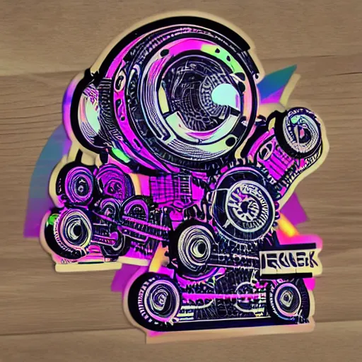 Prompt: sticker of a rock band, name is tripmachine, on the sticker is a 3 d render of a huge futuristic steampunk generator with gears and trippy music instruments, 8 k, fluorescent colors, halluzinogenic, multicolored, exaggerated detailed, silk screen art