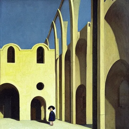 Image similar to in the distance, a little girl with short black hair and wearing a yellow coat alone in the inner courtyard of an abbey, the light is bright and wintry, painting by hopper and de chirico