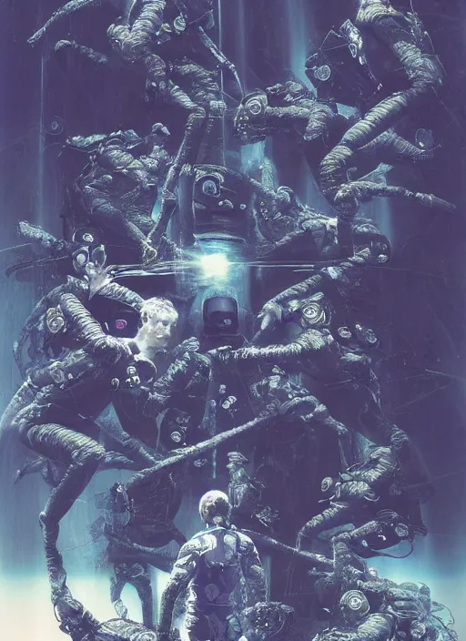 Image similar to astronauts divers in dark void underwater - complex and hyperdetailed technical suit design. reflection and dispersion materials. rays and dispersion of light. volumetric light. f / 3 2. noise film photo. flash photography. ultra realistic, 5 0 mm. poster by wayne barlowe, hajime sorayama aaron horkey, craig mullins