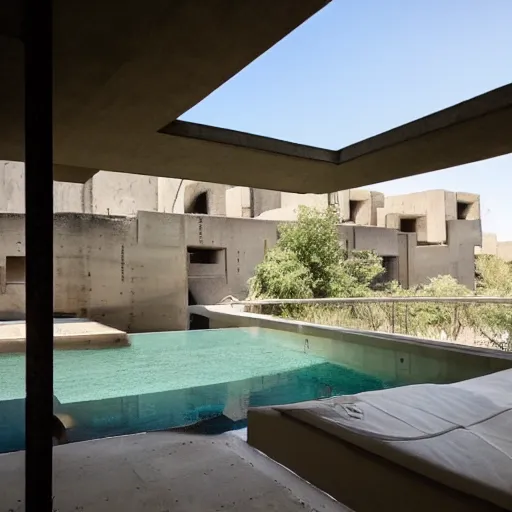 Image similar to brutalism habitat 6 7 building in the desert, biophilia mood, pool, garden, highly detailed, cinematic, photorealistic,