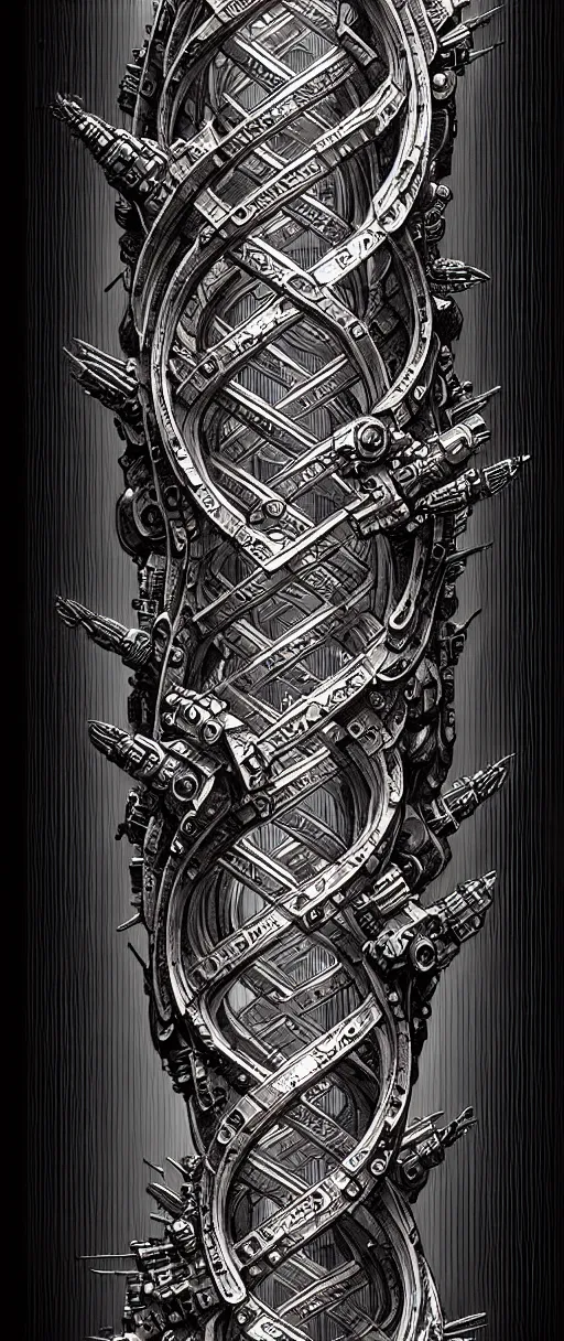 Prompt: a double helix dna cyberpunk steampunk carved pillar, high details, lineart, by vincent di fate and joe fenton, inking, screen print, masterpiece, trending on artstation, sharp, high contrast, hyper - detailed,, hd, 4 k, 8 k