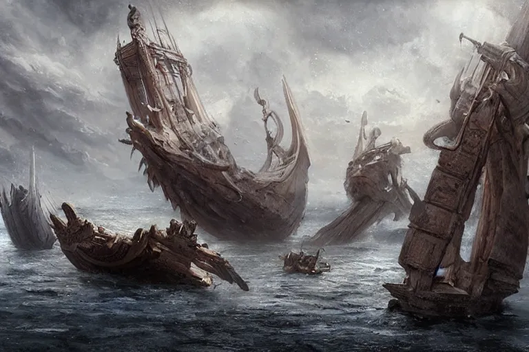 Prompt: A battered Trireme, Scylla and Charybdis and an ancient boat by Jessica Rossier and HR Giger cinematic concept painting