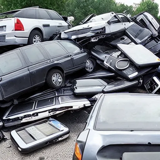 Prompt: pile of smartphones on highway, totalled vehicles from copart, photo