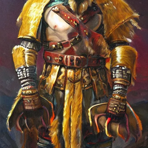 Image similar to a russian warrior who is wearing iron gauntlets in the shape of bear claws in the style of warhammer fantasy : : head and shoulders oil painting