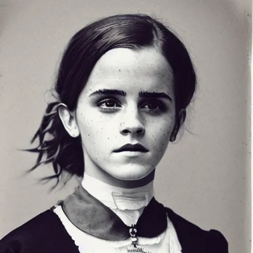 Image similar to victorian photograph of emma watson, 1 8 9 0 s photography, 1 9 0 0, realistic face, symmetrical face, studio photograph, grainy, edwardian, old photo