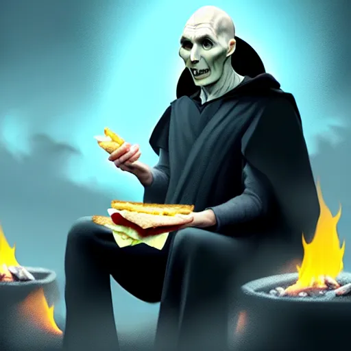 Prompt: voldemort eating a sandwich and sitting in a fire, stylized, artstation, hd, cgsociety, cgi, realistic, dramatic, cinematic, artistic, trending, detailed