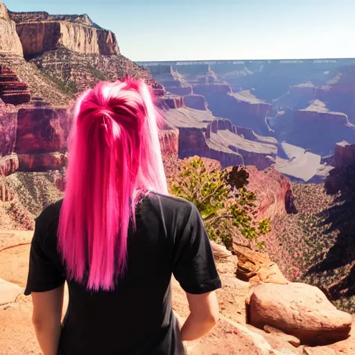 Prompt: a photo of a young woman with long pink hair looking at grand canyon, hiking clothes, tank top, backpack, arizona, grand canyon in background, cinematic, beautiful, stunning, morning, epic, 8 k