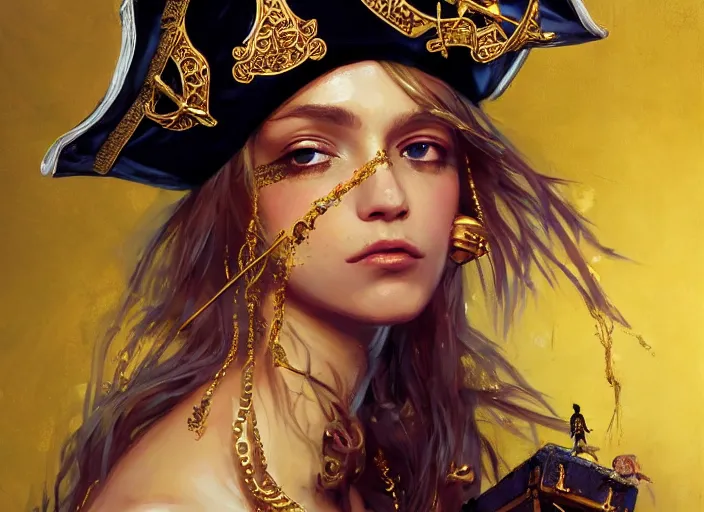 Image similar to full body picture of a pirate girl, hard breathing, messy hair, very excited, sparkling eyes, front of the treasure box, jewels and gold on the background, coveted, beautiful and aesthetic and attractive and detailed face, specular reflection, occlusion shadow, intricate, bokeh, masterpiece, by ilya kuvshinov and jeremy lipking and quentin mabille