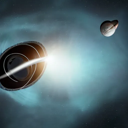 Image similar to photorealistic spacecraft, blackhole in background