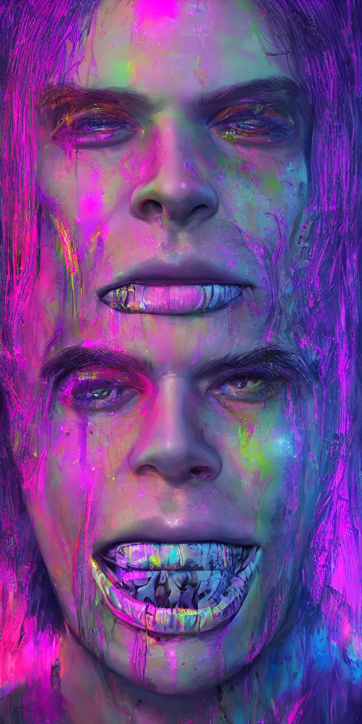 Prompt: impossibly beautiful portrait, dapper dream demon, bad trip, insane smile, intricate complexity, surreal horror, inverted neon rainbow drip paint, trending on art station, photoreal, 8 k, octane render by greg rutkowski