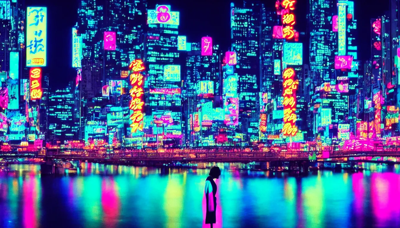 Prompt: 8 0 s neon movie still, woman wearing a kimono looks over a river, city with neon lights is in front of her. movie still. hyperrealistic, high definition, medium format photography, highly detailed, tehnicolor, anamorphic 5 0 mm lens