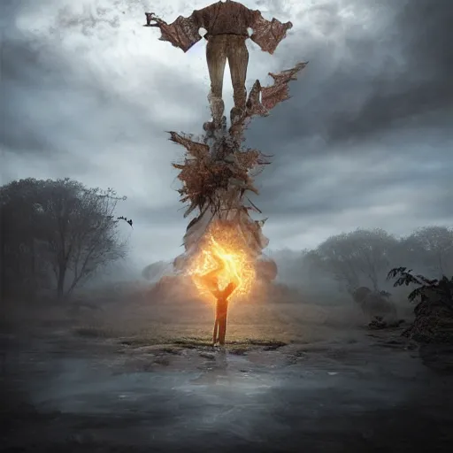 Image similar to Editorial Masterpiece extremely realistic Illusion Arcane elemental High Orders Nephilim Virtues figure infused with coalesced fantasy crystalline Magical fire by Erik Johansson, perfect crisp light