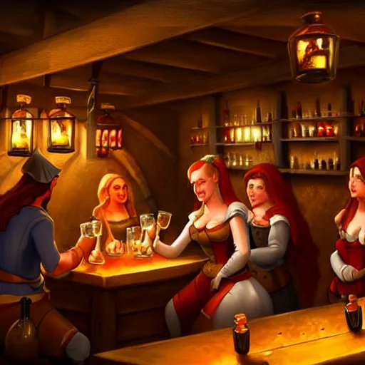 Image similar to medieval tavern with barmaid and patrons drinking, artstation, fantasy