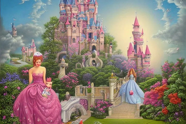 Prompt: princess, prince, magical castle, highly detailed painting, magical realism, lowbrow, kevin sloan, michael parks